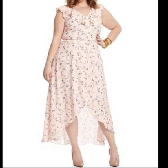 Dress 1X Midi Fit Flare Pink Floral Ruffle Neck Maxi Hi-Lo Wrap Ruffle V-Neck - Picture 1 of 8